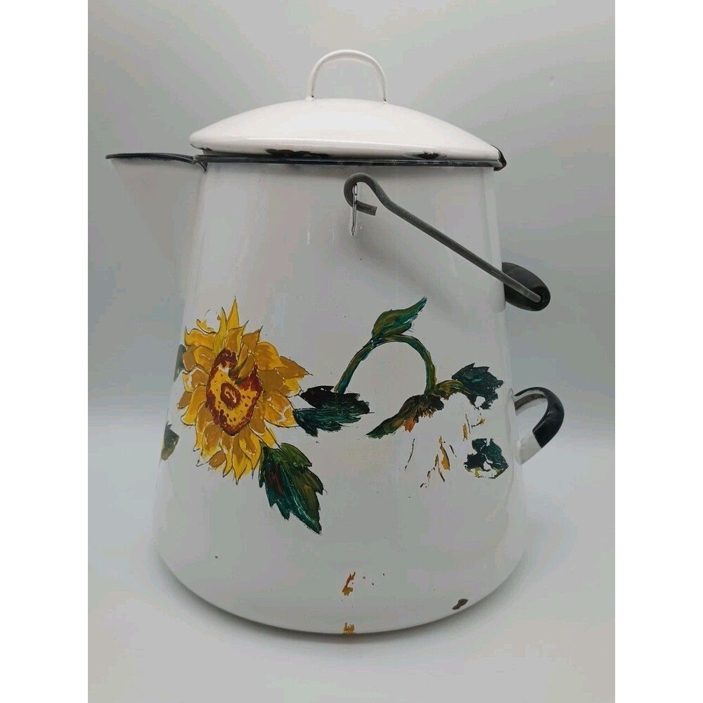 Vtg White Enamelware Cowboy Coffee Pot Chuck wagon XL Hand Painted Sunflowers